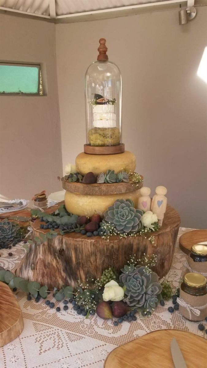 A tiered celebration cake built from stacked Van Gaalen cheese wheels, decorated with succulents